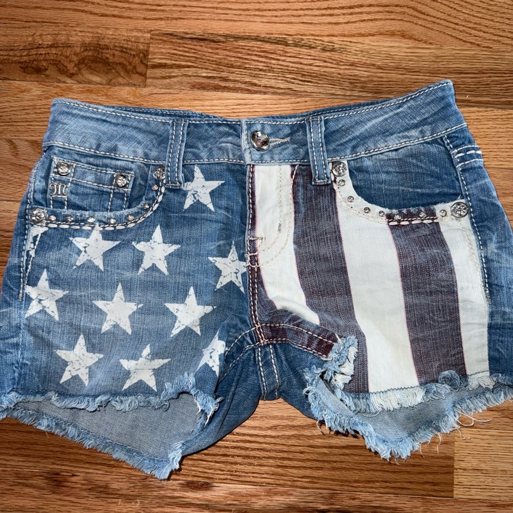 Miss Me Blue Star and Stripe Jean Shorts